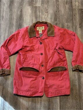 Vintage LL Bean Chore Jacket M Red Canvas Flannel Lined Field Coat Corduroy Trim
